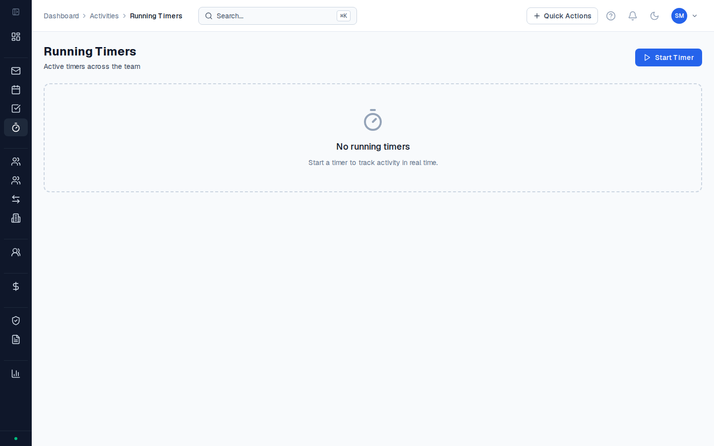 Active timers view showing running timer with participant name and elapsed time